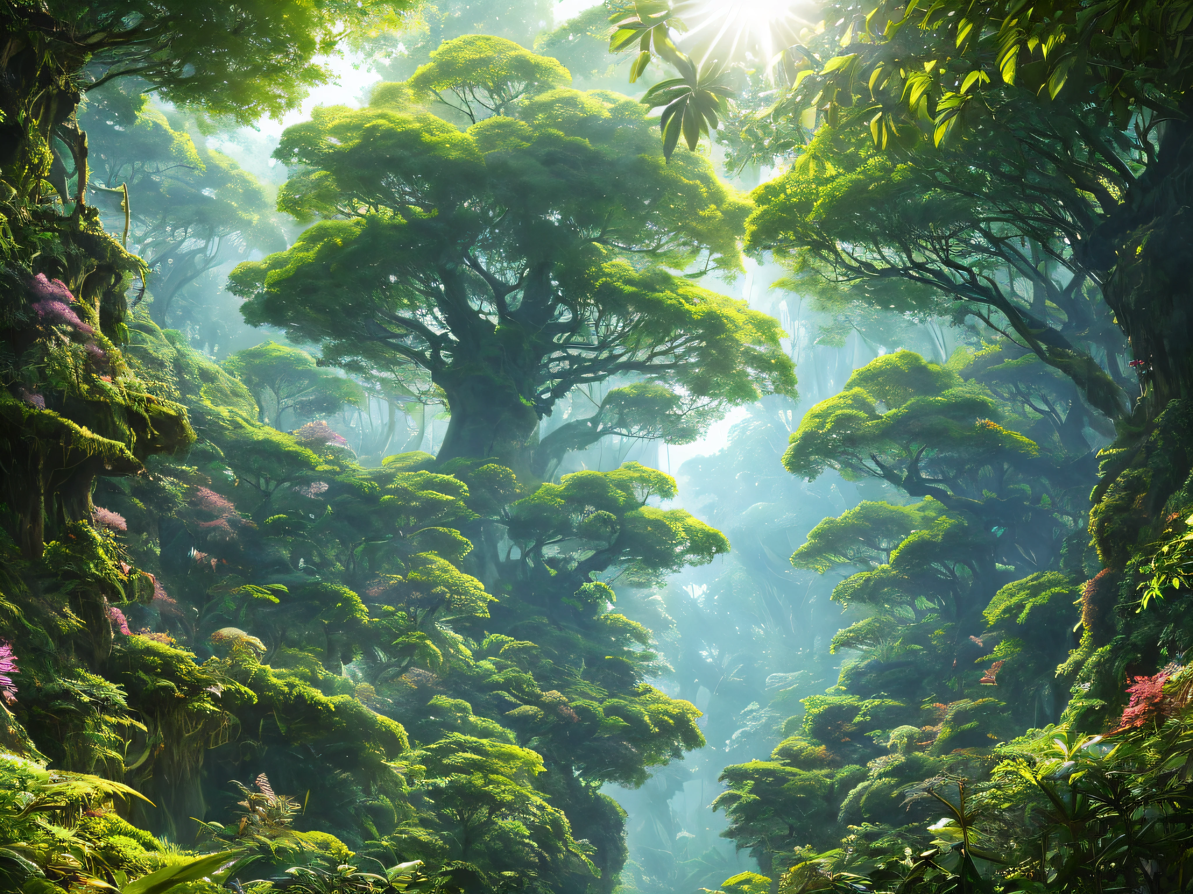 Digital illustration, Detailed and complex, Dense jungles filled with exotic plants and animals, Sunlight shines through the tree canopy,Produces a mottled effect. The style of Yoshitaka Amano and Hayao Miyazaki, tmasterpiece, Proportional, Detailed pubic hair, Popular topics on artstationh, beautiful light up, actual, iintricate, Award-Awarded, 4K, Best quality at best