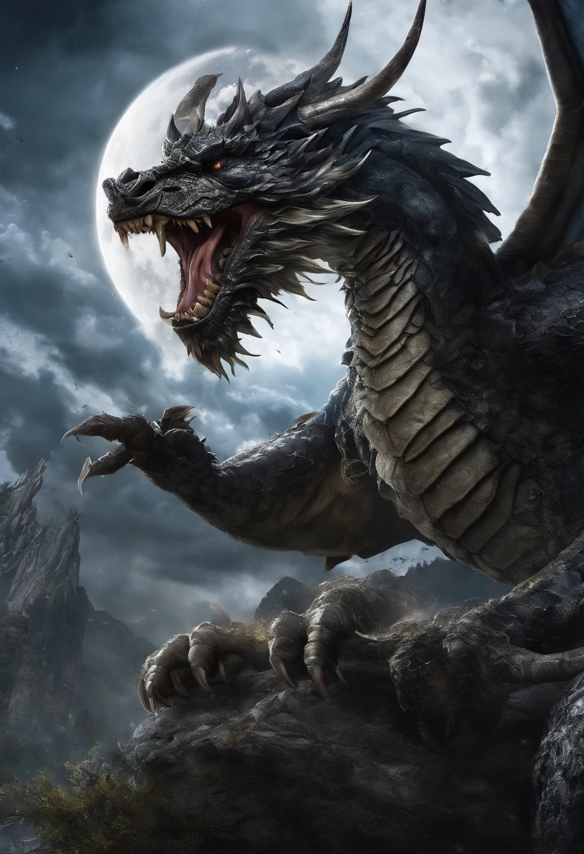 chinesedragon,Black Dragon,There are dragon claws,dragon claw,see the whole body,body,Sharp eyes,surrounded by black lightning,salama,hovering sky,mito,wonderland,the night,Wind and clouds,realisticlying,starrysky,themoon,hyper HD,Very detailed,tmasterpiece,high qulity,A high resolution,Background bokeh,16k processing,HD --AR 9:16,ultra-realistic realism