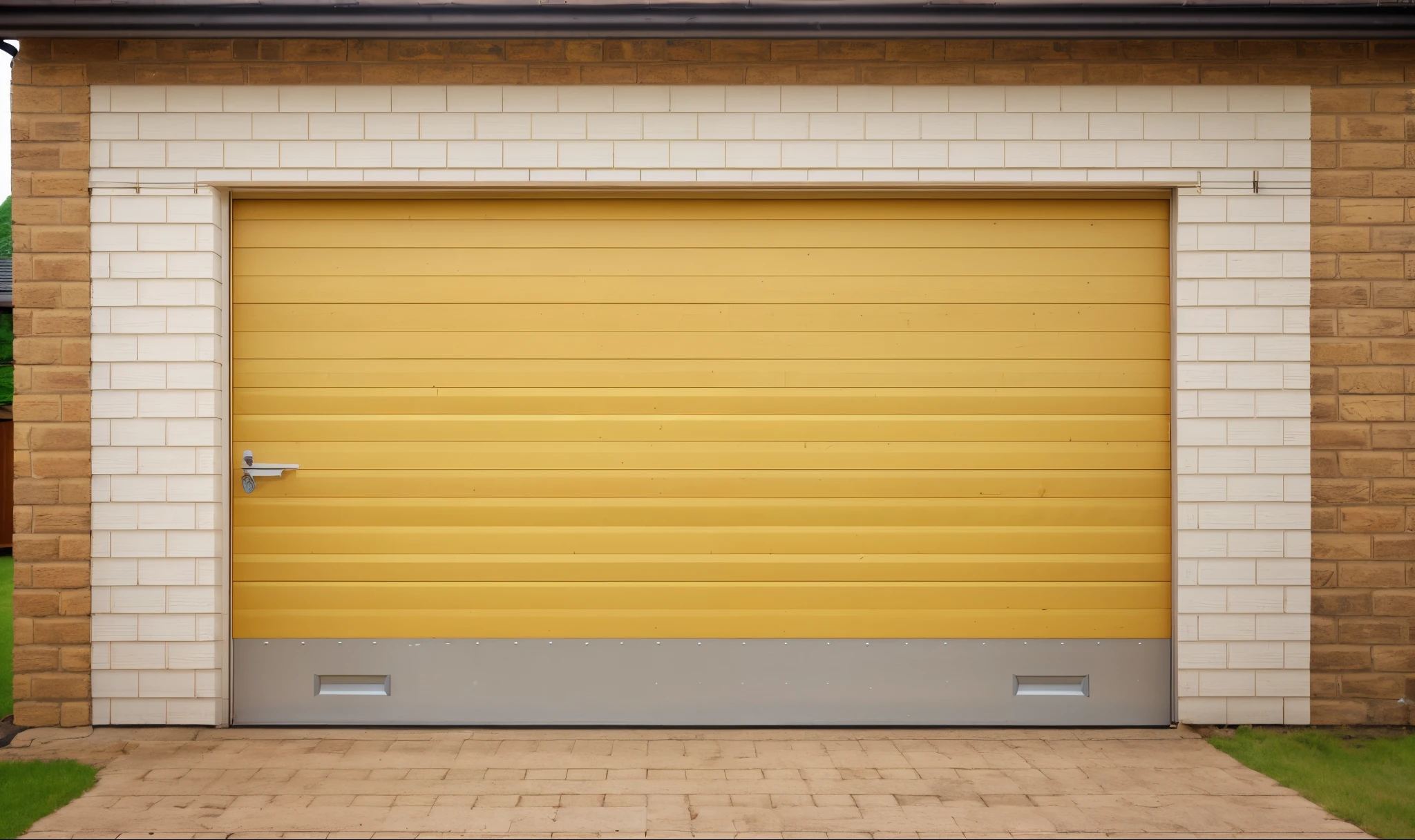 front of house, brick wall, rolling door, sunny weather