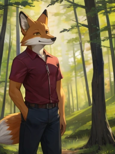 fox in casual clothing in a forest, front facing