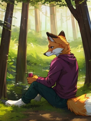 fox in casual clothing in a forest, front facing