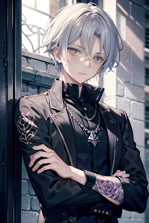 Young man with long gravel-colored grey hair, his eyes were a full rose color; while his pupils stretched down like a cats, he wore a perpetually bored and impassive look on his face, his arms were covered in intricate black rune like tattoos
