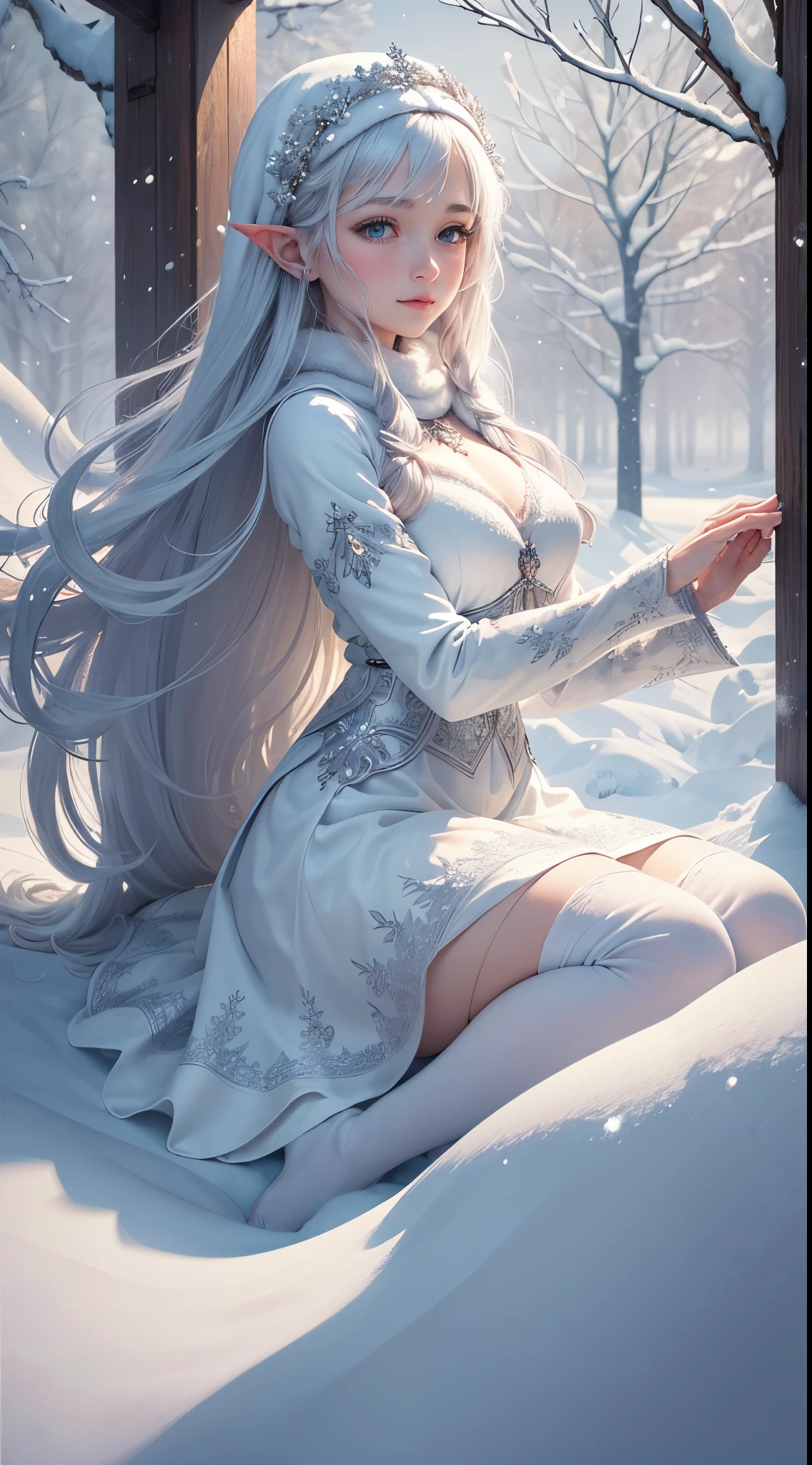 (Best quality,A high resolution,ultra - detailed,actual),The white,A world covered in silver, branches covered with snow, cold winter touch, Snowflakes dance like elves, Turn the world into a silver fairy tale, Cold, Peaceful and beautiful snow scene, cozy calm