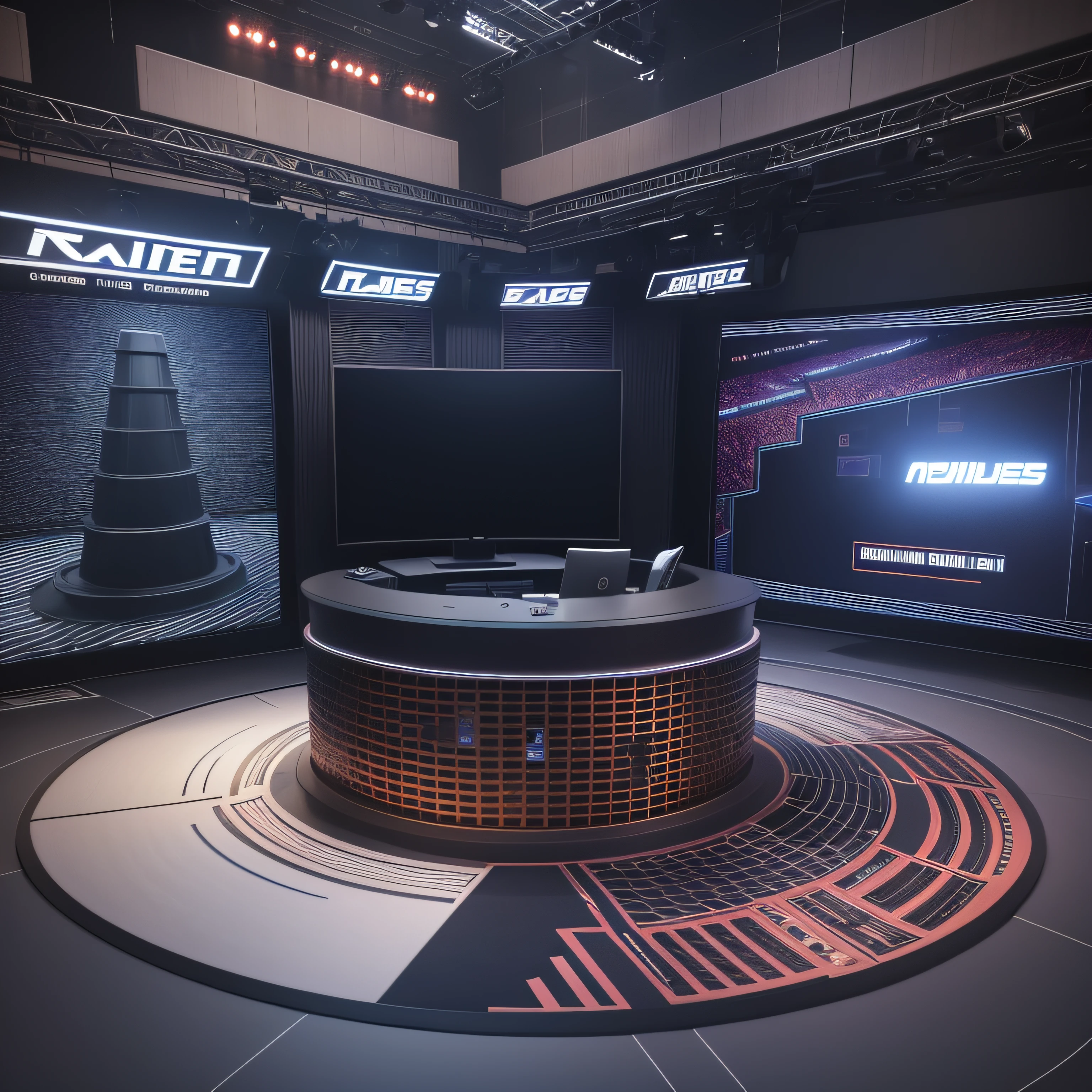Alafide news group with big screen and table, TV studio, Virtual scenes, news broadcast, tv production, tv set, TV news, tv show, TV screen, tv still, TV capture, TV screen as background, tv show, television screenshot, Large commercial LED display, Studio environment, raytraced 3d set design, CRT screen in the background