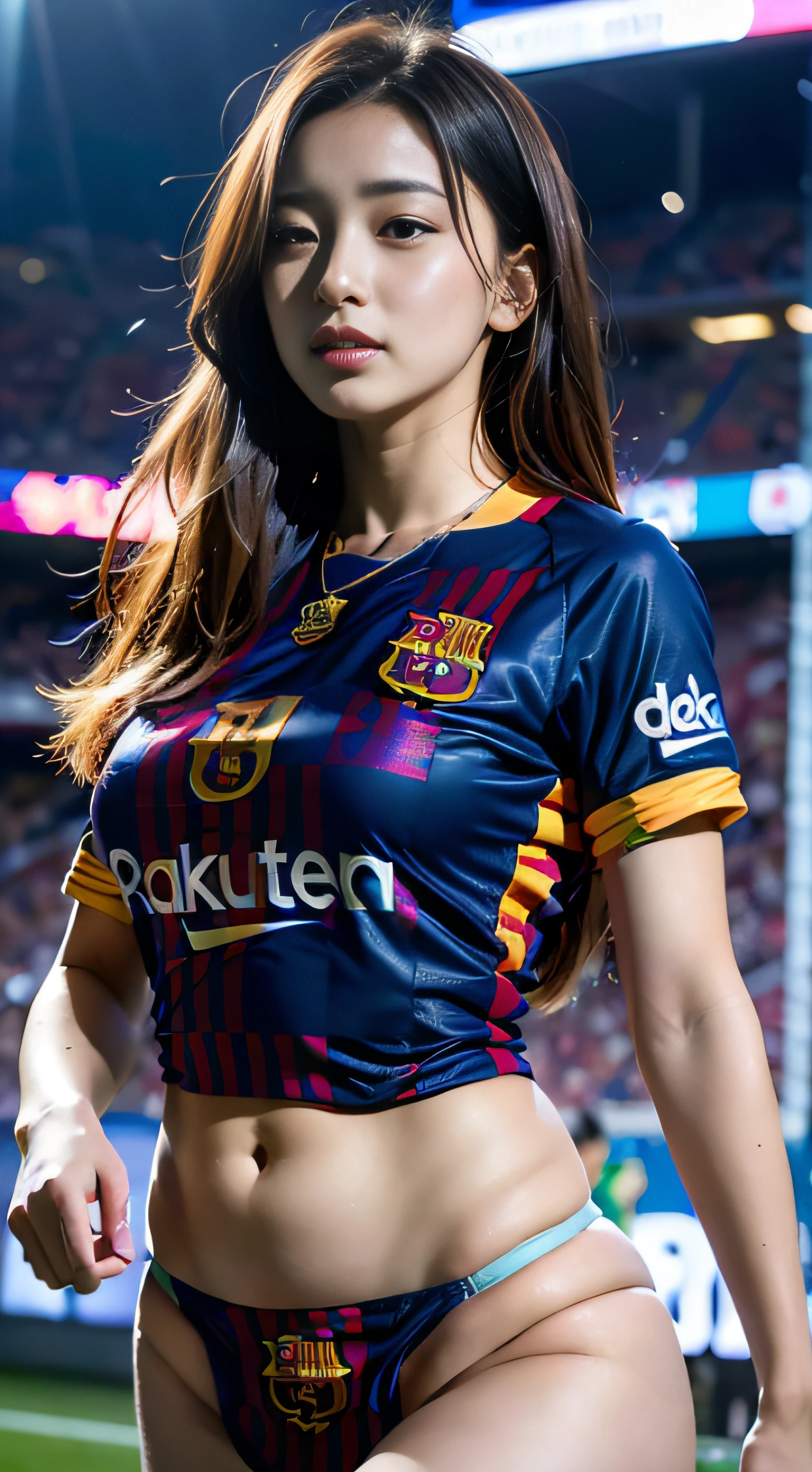 1girl, long hair, very pretty face, hairstyle, ((slutty Barcelona football jersey)), top and bikini, big breasts, big ass, (curvy), professional make-up, necklace, football stadium vacation, (cyberpunk), dynamic light , dynamic angle, (seductive poses), beautiful curves