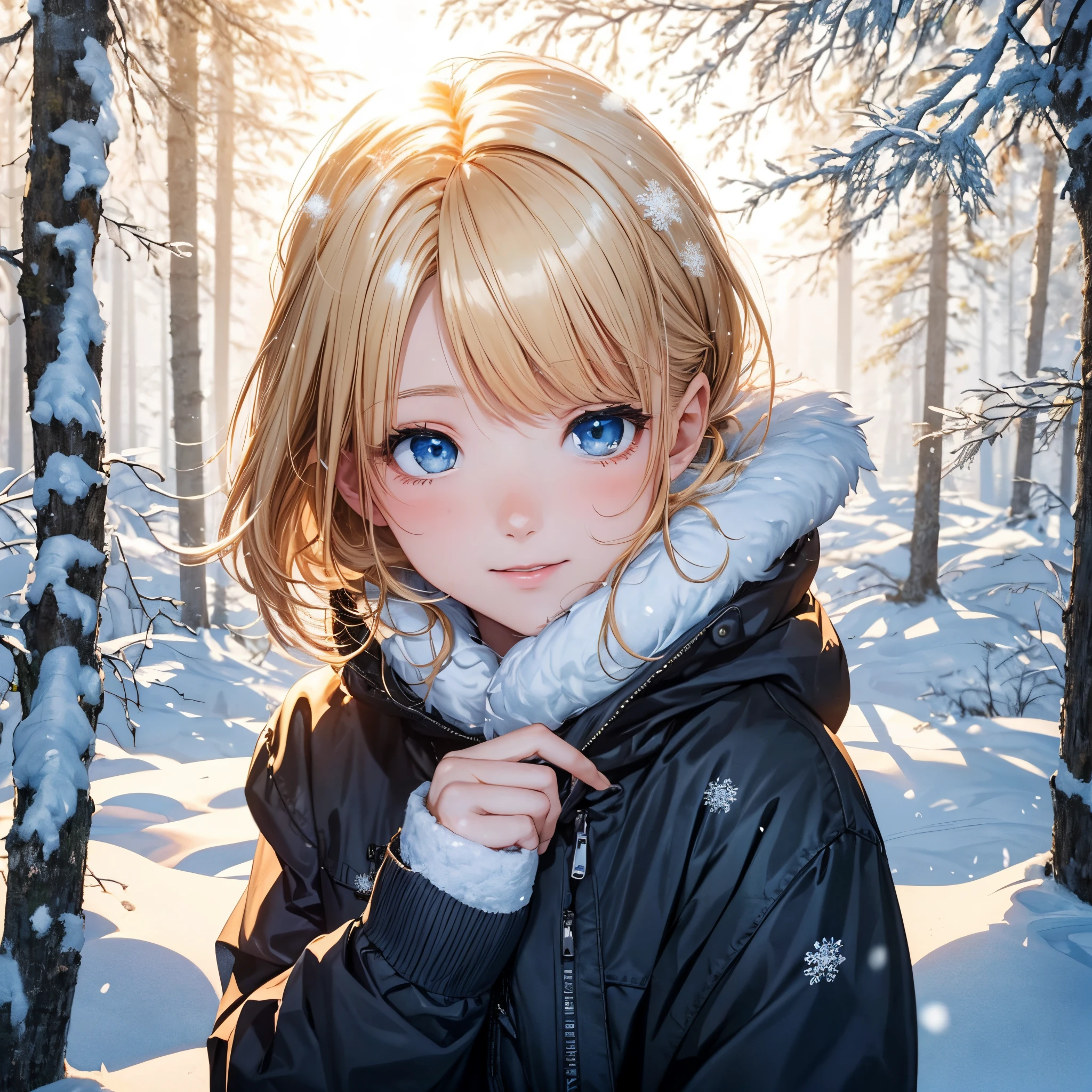 (masterpiece),(top-quality:1.2),1girl in,(masuter piece:1.3),exquisitedetails, Highest quality 8K resolution, Ultra-detailed, Realistic, Vibrant colors, Soft tones, With warm and gentle lighting, (snowy night:1.5),(city covered in snow:1.4),designed for cozy aesthetics, wide skirt, Styling, With short hair, simple style, Beige, 2 0, Dynamic!!, Cute:2, F / 2 0, Roots and hay coat, lookbook, Vivid), 9, jimin, ( Side ) profile (Smooth straight blonde hair:1.2),(Hair parted in the middle:1.3),(Glowing hair),(Dark blue eyes:1.3),(Hands close to the face:1.4),White skin, hair clips,Small necklace,A gentle feeling overflows,The sun's rays illuminate joy and pure love, Warm golden glow,The atmosphere is full of happiness and laughter, As if celebrating love,Ultra-detailed depiction and vivid colors,A style that combines romanticism and realism,depth of love,color palettes,Create an ethereal atmosphere like a dream,Lighting is soft and diffused,masterpiece artwork