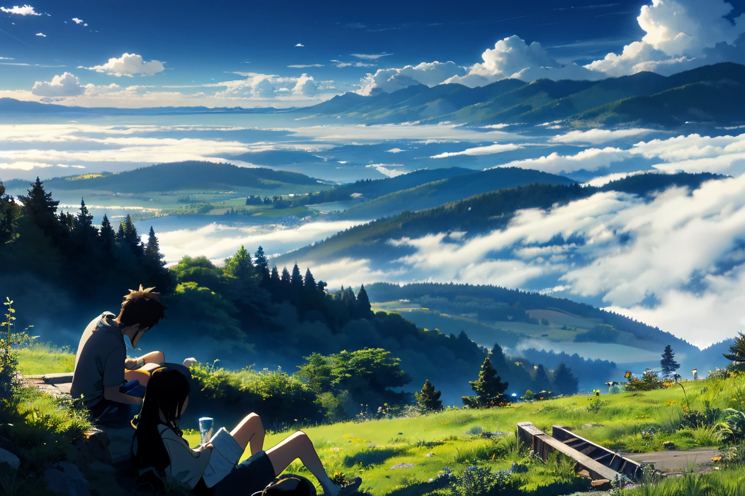 Vast and majestic skyline、The big sky occupies two-thirds of the photo、Girls and boys in casual clothes sitting side by side in the meadow、There is a deserted Japan city in the distance