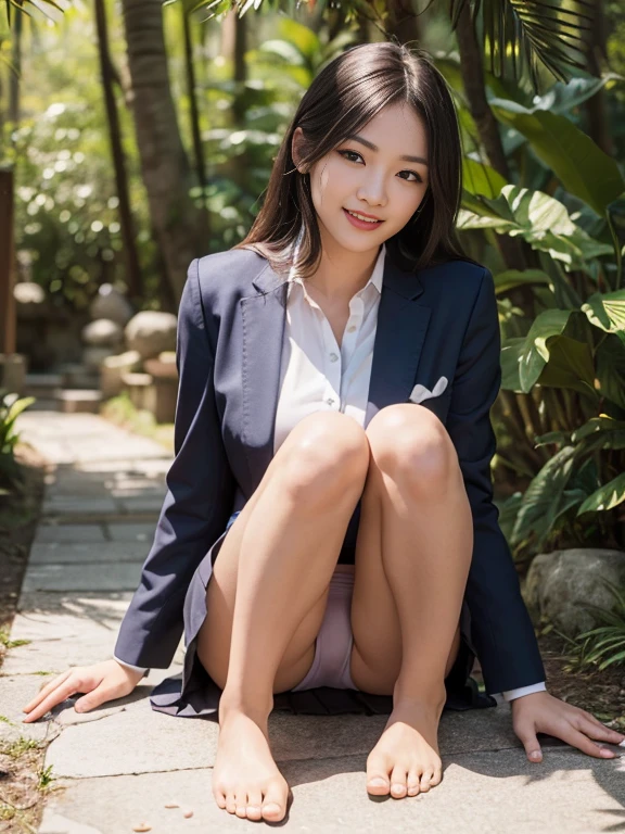 (8K High Resolution), (top-quality), (Raw quality),(masutepiece:1.2), (realisitic), (Photorealistic:1.37), ,Large eyes,long eyeslashes,(Live-action realistic style),The Ultimate Face,realistic light and shadow,Clear facial features,,Fair skin, ),Best portraits,Shooting at close range, 1 rapariga, Cute,Beautiful detailed eyes,highlydetailed skin,(Beautiful face with double eyelids), (Realism: 1.4),((Full body image)) ,Detailed and beautiful face,,Women around 20 years old,(Beautiful Face 1.4),Middle hair,((Japan woman in business suit)),(Make eye contact with your audience),red lipsticks,Limping around the eyes,(Laugh a little),In the tropical jungle,Sit upright on one knee.,The skirt is rolled up.、Panties look perfect..,Pastel colors panties,I love showing my panties to my viewers,Show your panties to your audience,Beautiful face reflected in the light,red lipsticks,Limping around the eyes,Very beautiful feet are attractive,A very bright world