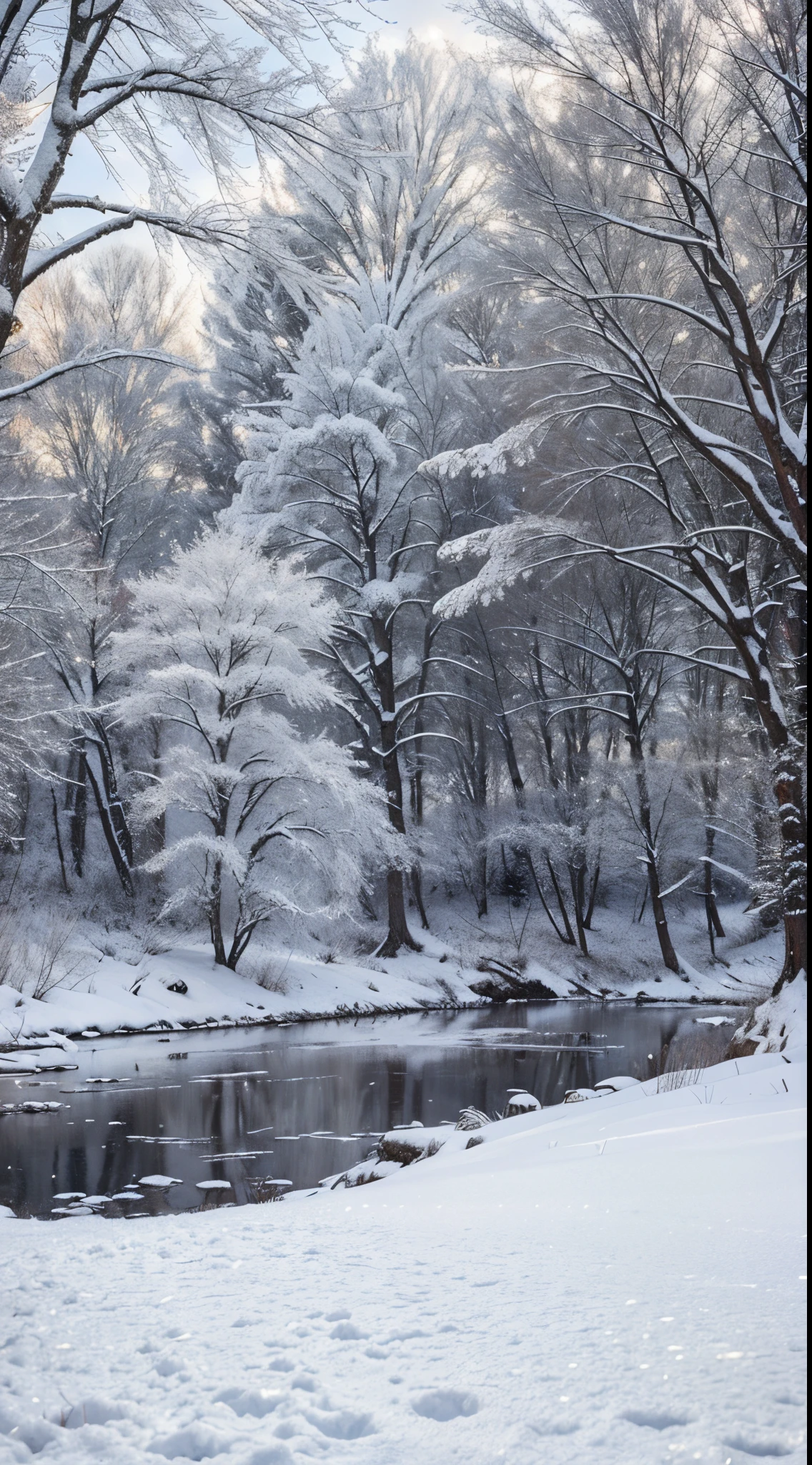 (Best quality at best,A high resolution,ultra - detailed,actual),The white,A world covered in silver, branches covered with snow, cold winter touch, Snowflakes dance like elves, Turn the world into a silver fairy tale, Cold, Peaceful and beautiful snow scene, Comfortable and calm