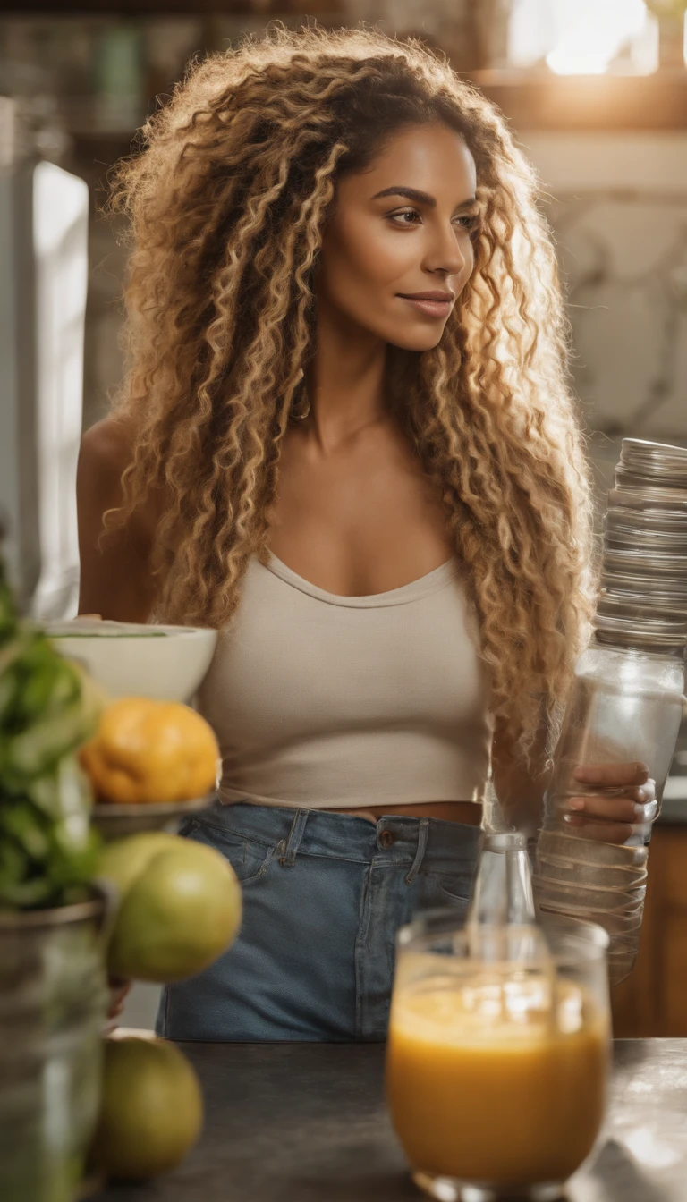 arafed woman with soft wavy boho dreadlocks with blonde highlight, photo of a beautiful woman, she has light caramel skin with yellow undertones, gorgeous woman, mixed-race woman, gorgeous beautiful woman, mixed race woman, with textured hair and skin, toned slender body, in a modern kitchen dressed a crop top making a smoothie