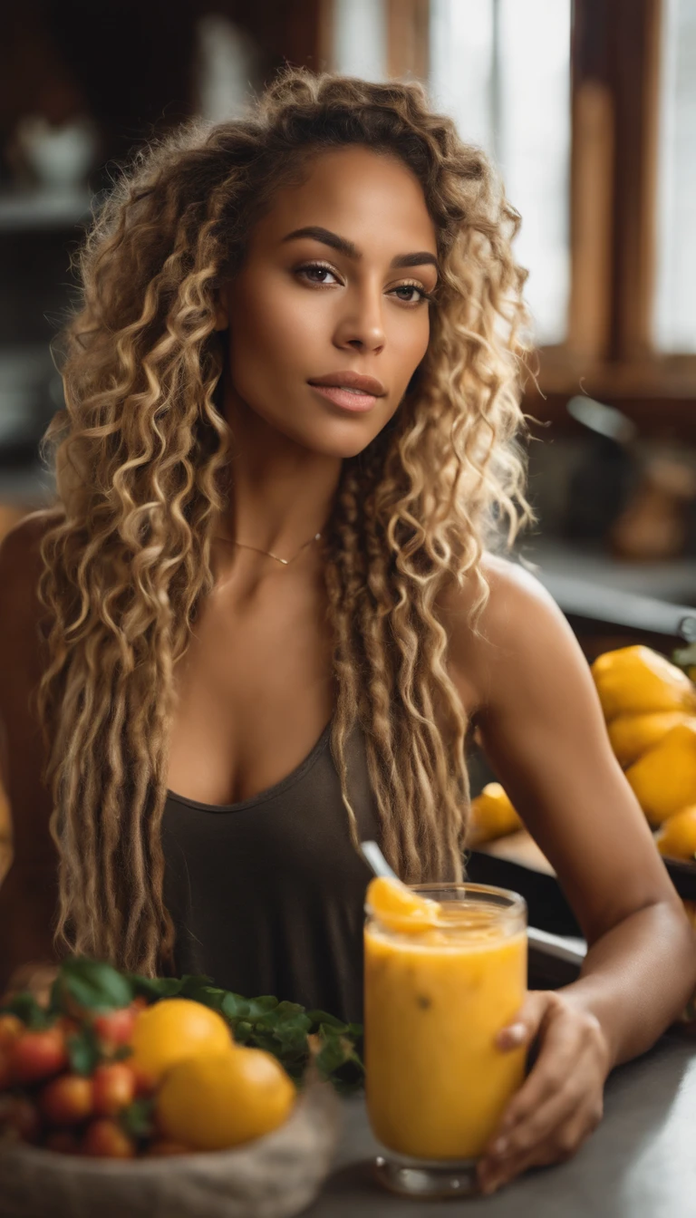 arafed woman with soft wavy boho dreadlocks with blonde highlight, photo of a beautiful woman, she has  light caramel skin with yellow undertones, gorgeous woman, mixed-race woman,  gorgeous beautiful woman, mixed race woman, with textured hair and skin, toned slender body, in a modern kitchen dressed a crop top making a smoothie