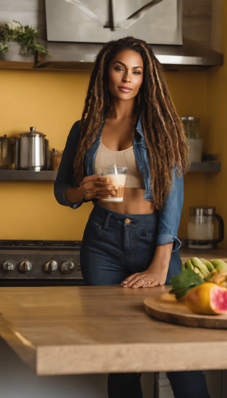 arafed woman with soft wavy boho dreadlocks with blonde highlight, photo of a beautiful woman, she has  light caramel skin with yellow undertones, gorgeous woman, mixed-race woman,  gorgeous beautiful woman, mixed race woman, with textured hair and skin, toned slender body, in a modern kitchen dressed a crop top making a smoothie