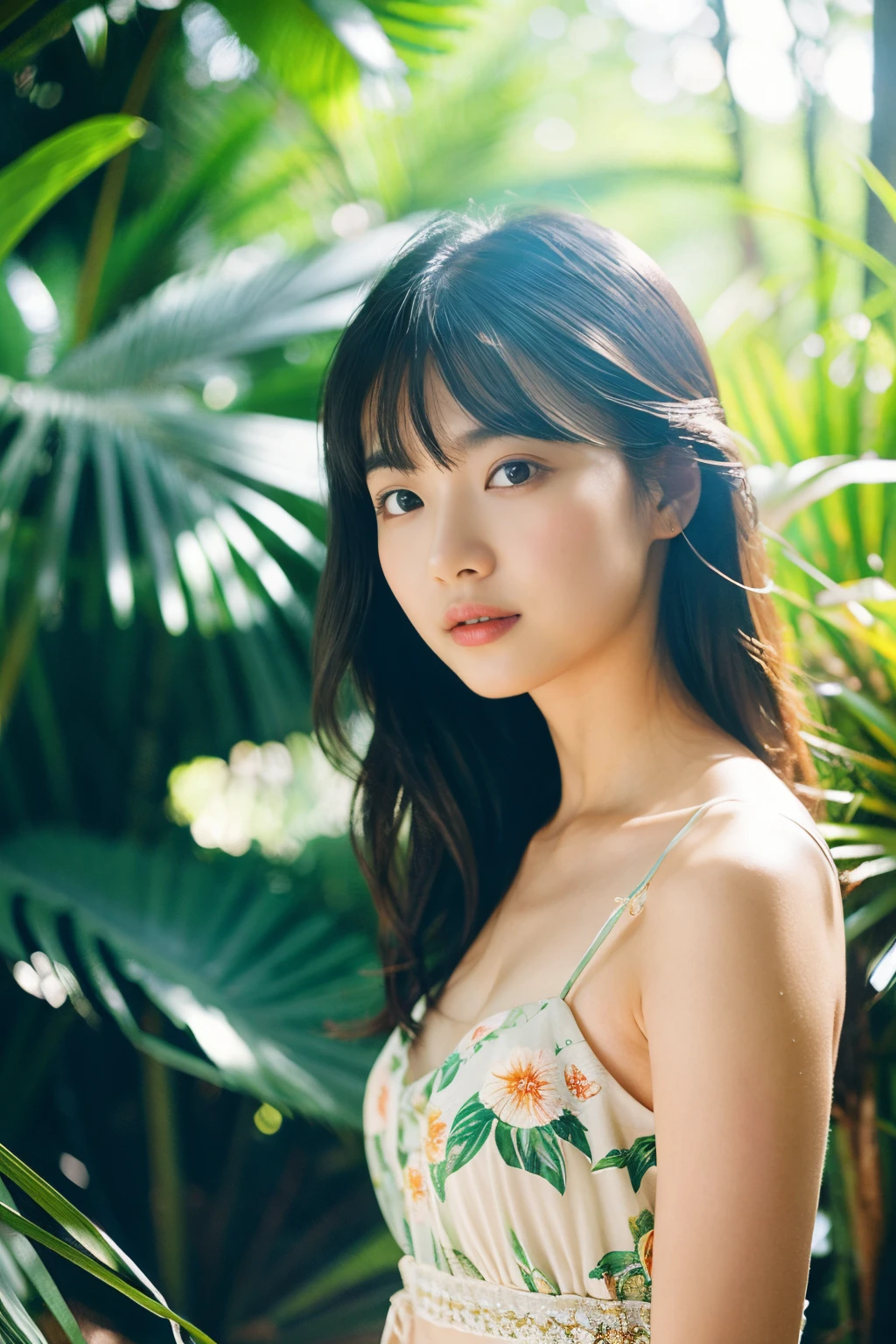 {best quality}, {{masterpiece}}, {very delicate and beautiful}, outstanding light and shadow, highly detailed wallpaper, clear and bright sunlight, 1 girl, thin, prone, staring at the sky, delicate, messy hair, realistic skin texture, , tropical rain forest, toned waist