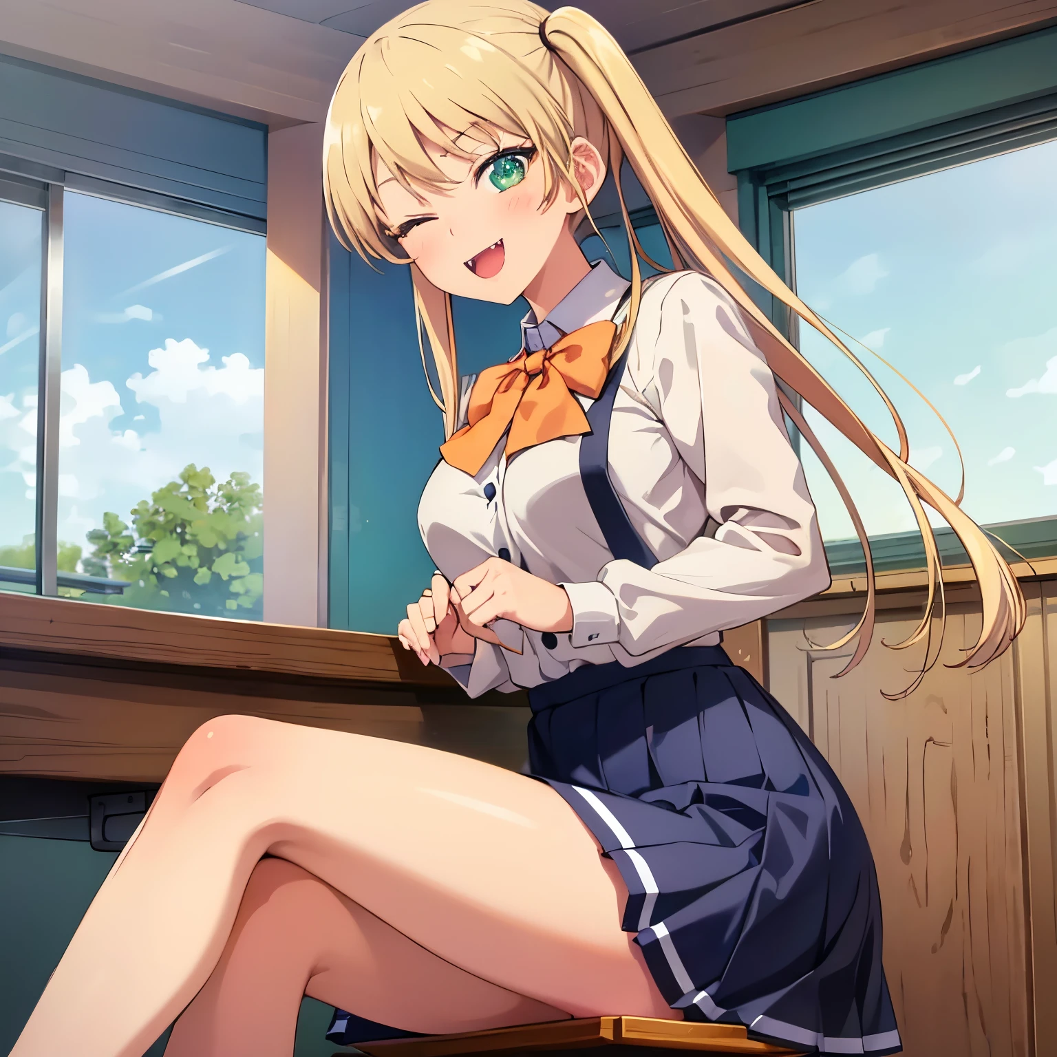 masterpiece, best quality, 1 girl, solo, mirika, hoshizaki rika, green eyes, tsurime, eyelashes, blonde hair, long hair, pigtails, side locks, fangs, big breasts, medium waist, medium hips, wide thighs, embarrassed, tsundere, smiling, seductive, Indoors, classroom, school uniform, sitting, sitting at desk, legs crossed, white collar, bow tie, orange bow tie, skirt, blue skirt, looking at the viewer, leaning forward, blush, smile, one eye closed, ;d, good hands, good anatomy