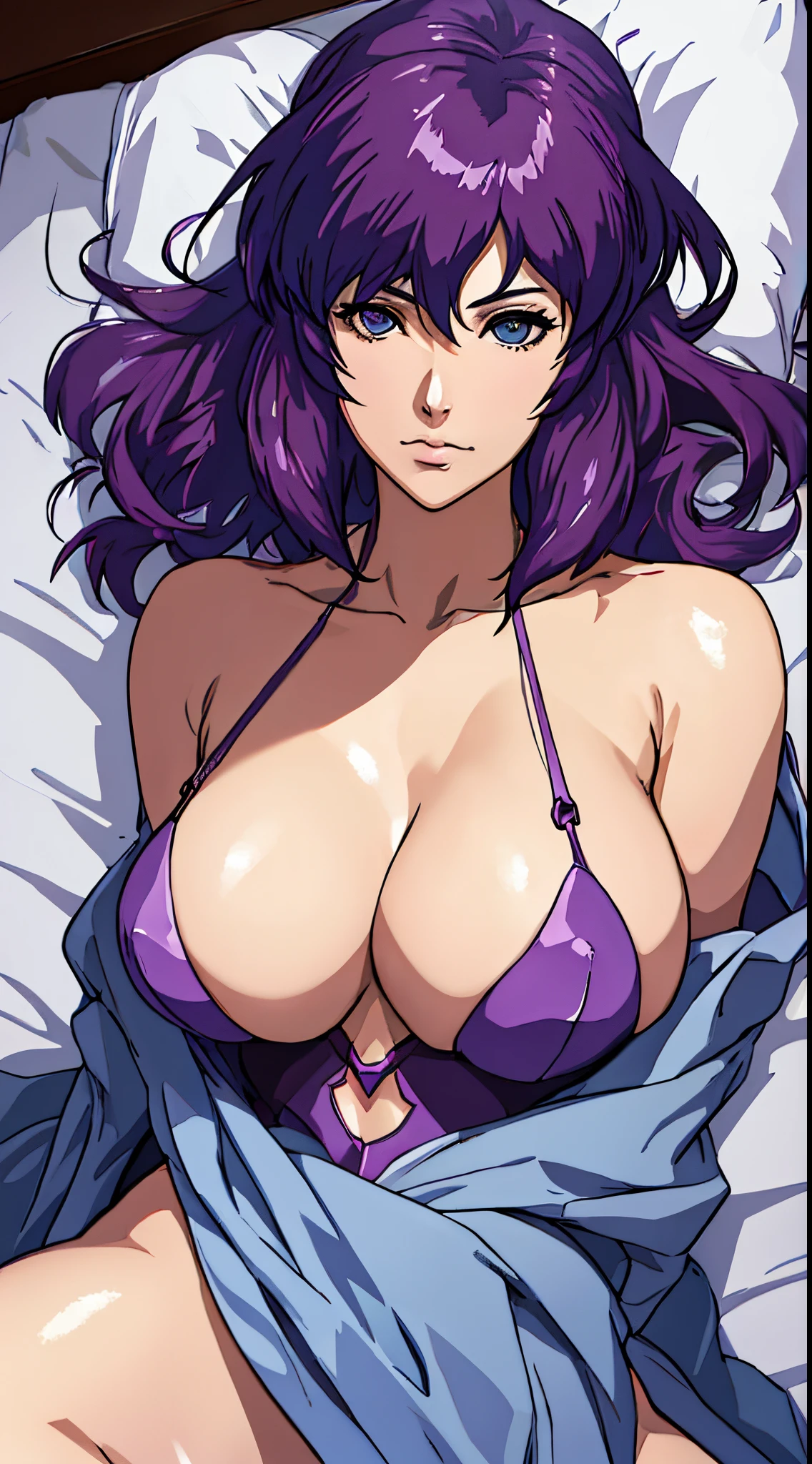Close-up of woman lying on bed covered with blanket, anime《Fantasma na Concha》Curly, kusanagi motoko, kusanagi, Blow blow, Ghost in the Shell movie scene, levi black lagoon, Ghost in the Shell style, bared chest, Fantasma na Concha, Inspired by Morikage Hisumi,Alone, 1 busty girl, Highest resolution,distinct_Image of a)Best quality, maam, tmasterpiece, The is very detailed, Semi-realistic, exposing her breasts, The face is red,Seductive action,Seductive expressions