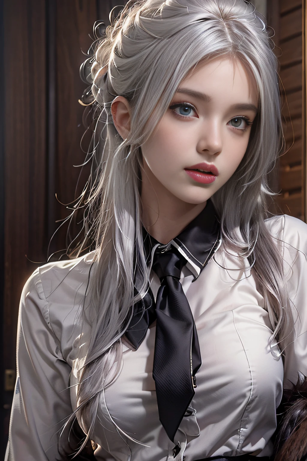 Photorealistic, High resolution, 1 Women, Solo, hips up high, Beautiful eyes, Close lips, Detailed face, White hair, Long hair, Collared shirt, black necktie,Black skirt, pencil skirts, Fur coat, Black stockings