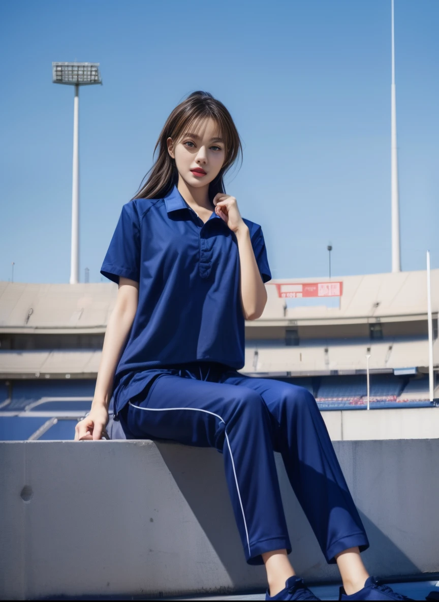 (bestquality,10,10,highres,masterpiece:1.2),ultra-detail,(Realistic,photorealistic portrait,photo-realistic:1.37),1 cute girl sitting on the football field,oily shiny skin,bara,light smile,BDclothes,((blue shirt:1.3)),short sleeves,shirt, trousers.,(navy_long_Pants Track:1.1), ((Stadium Background:1.3)),dynamic angle,excited,face focus,Dynamic Poses,from behide,Ass Focus,masterpiece, bestquality, ultra realistic, hyper-detail, 8k resolution, RAW photo, crisp focus, ((Navy blue shirt:1.1)), short sleeves, Long Path, Perfect body, 2 mature women, 18yo, cinematic light,Blue sweatpants,Gymware,Correct anatomy,Complete body, Correct body, sharp face, Anatomically correct body, full entire body, Realistic gestures, long-haired, Realistic poses,Wear long shorts......................,Long leg span,Shapely,Sculpting Girl, Slender Figure, mannequin mannequins, Shapely, Beautiful body,Blue sweatpants