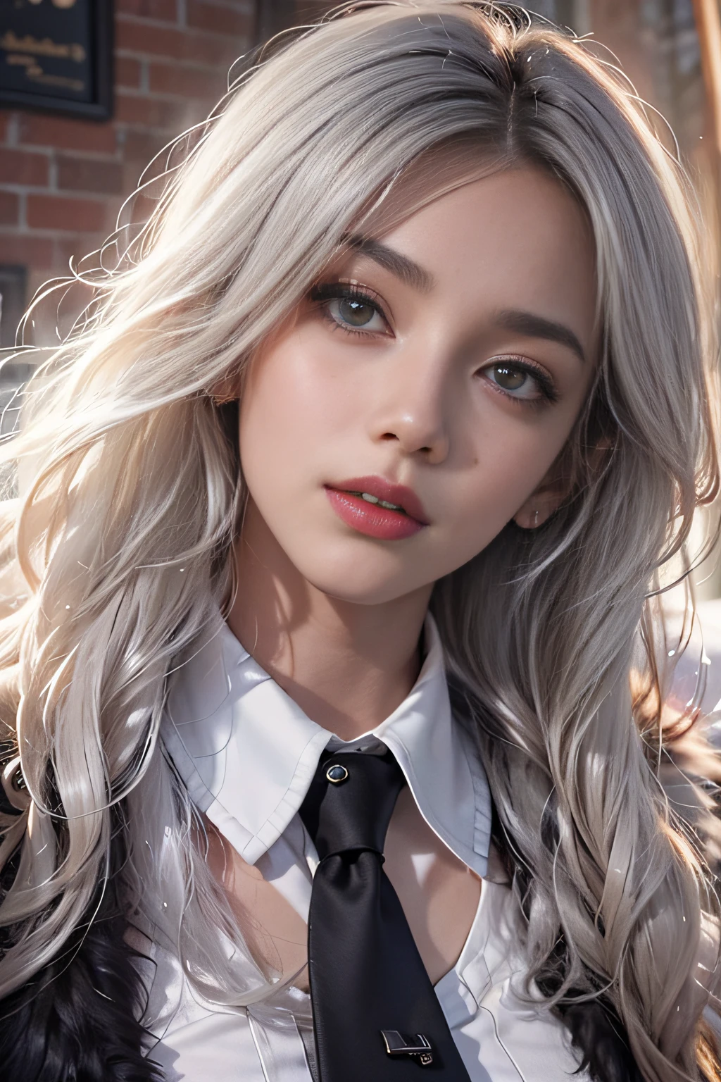 Photorealistic, High resolution, 1 Women, Solo, hips up high, Beautiful eyes, Close lips, Detailed face, White hair, Long hair, Collared shirt, black necktie,Black skirt, pencil skirts, Fur coat, Black stockings