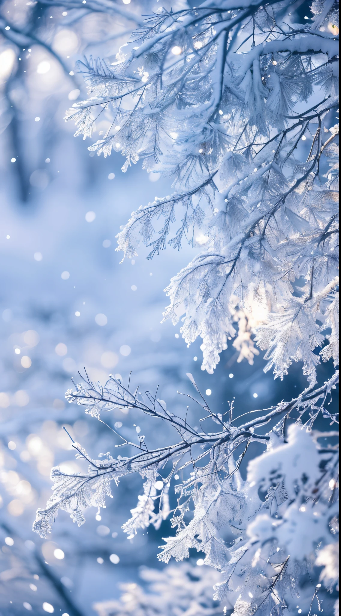 (Best quality,A high resolution,ultra - detailed,actual),The white,A world covered in silver, branches covered with snow, cold winter touch, Snowflakes dance like elves, Turn the world into a silver fairy tale, Cold, Peaceful and beautiful snow scene, Comfortable and calm