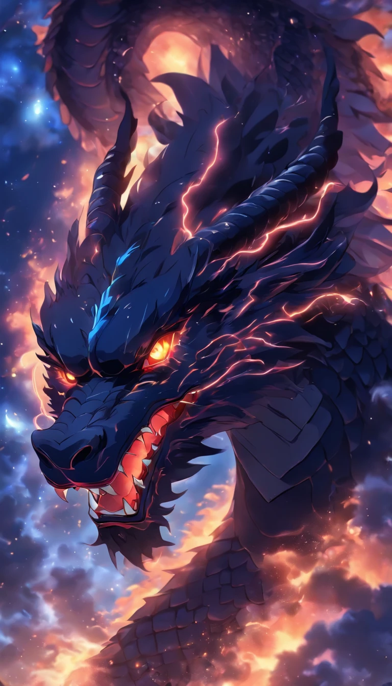 chinesedragon，Black Dragon，There are dragon claws，dragon claw，see the whole body，body，Sharp eyes，surrounded by black lightning，salama，hovering sky，mito，wonderland，the night，Wind and clouds，realisticlying，starrysky，themoon，hyper HD，Very detailed，tmasterpiece，high qulity，A high resolution，Background bokeh，16k processing，HD --AR 9：16，ultra-realistic realism