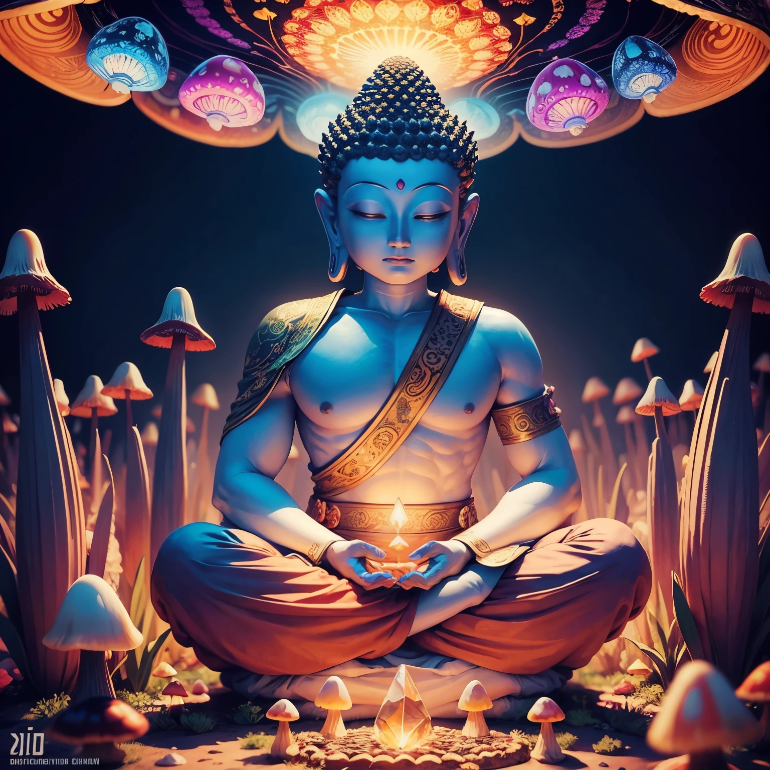 Buddha meditation in the middle colorful garden mushrooms. Intricate details, more details, trippy art, handsome, weapons, crystal, balance