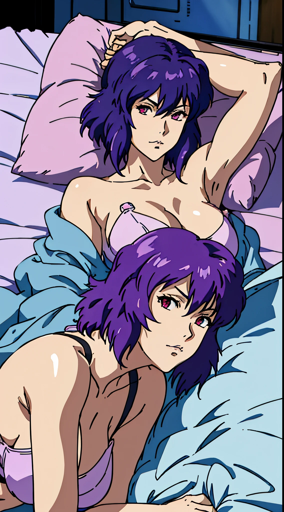 Close-up of Motoko Kusanagi lying on the bed covered with blanket, Purple colored hair, red eyes,anime style beautiful woman, Lie down in bed，anime《Fantasma na Concha》Curly, kusanagi motoko, kusanagi, Blow blow, Ghost in the Shell movie scene, levi black lagoon, Ghost in the Shell style, bared  chest, Fantasma na Concha, Inspired by Morikage Hisumi