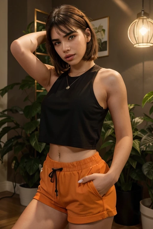 dua lipa with wolfcut hairstyle, black tank top and light gray shorts, inside of a room with dark brown colored walls, plants and orange lights