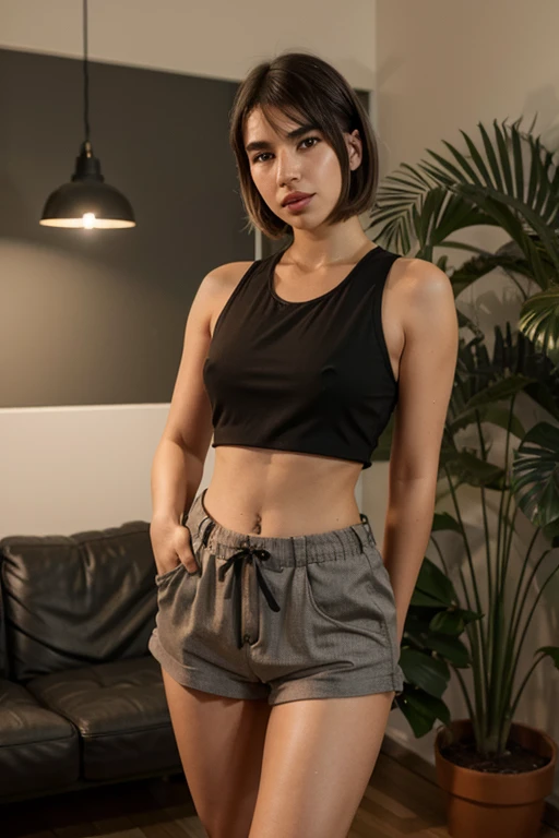 dua lipa with wolfcut hairstyle, black tank top and light gray shorts, inside of a room with dark brown colored walls, plants and orange lights