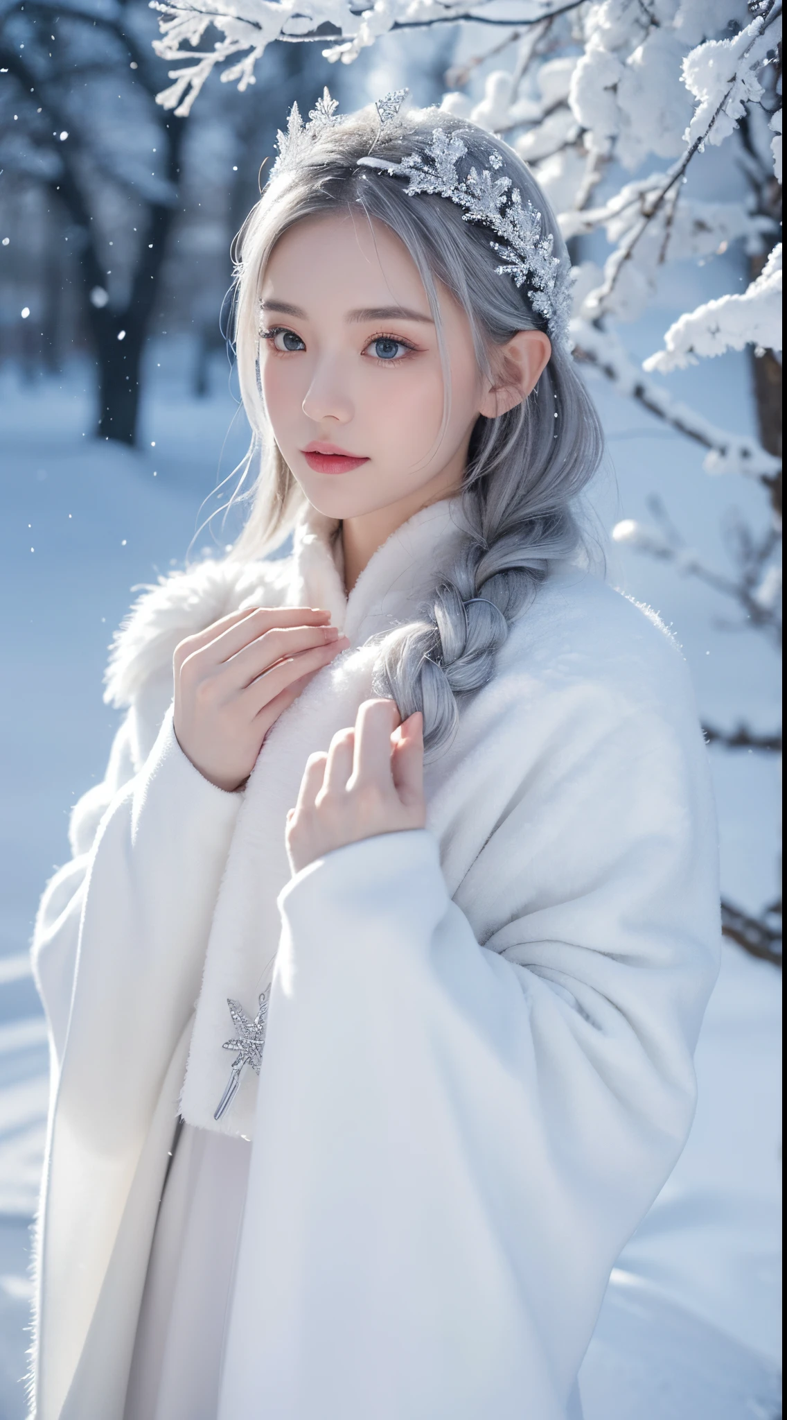 (tmasterpiece，8K,Best quality,A high resolution,ultra - detailed,ultra-realistic realism),The white,A world covered in silver, branches covered with snow, cold winter touch, Snowflakes dance like elves, Turn the world into a silver fairy tale, Cold, Peaceful and beautiful snow scene, cozy calm