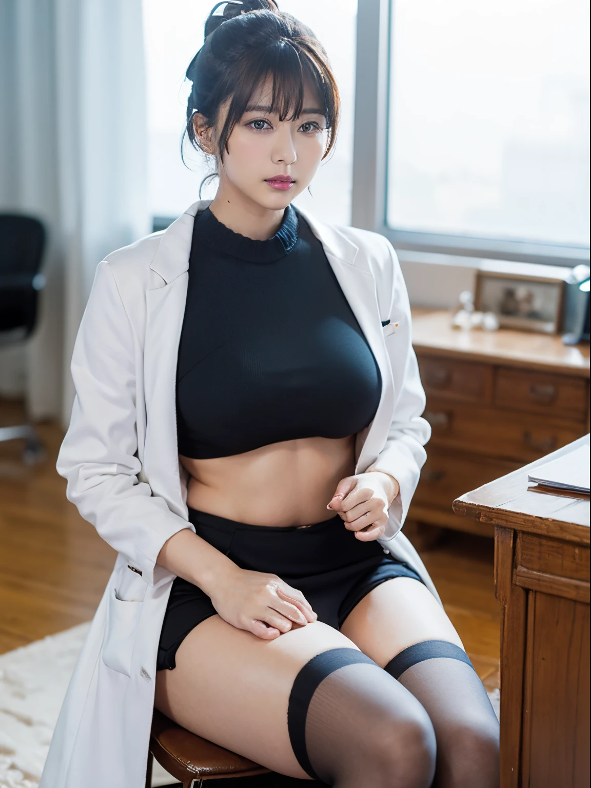 (top-quality, ​masterpiece: 1.1), 1girl in, The whole body from head to toe, Beautiful 35 year old woman sitting with legs spread on a chair in the light of the operating room, White coat that exposes a lot of skin, Bewitching waist, sexypose, Looking at the camera, Manteau blanc,  White coat with wide open chest, Tback panty, No bra, Female doctor, Nipple protrusions reflected in a thin white coat, Crystal clear white skin, Gold accessories on hands and feet, sweat all over, Black stockings, high-heels, The whole body is tied with a rope