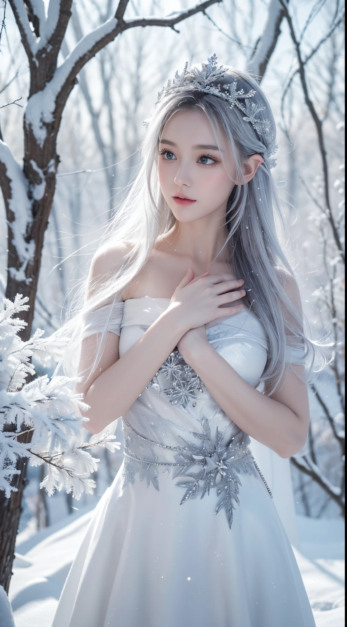 (tmasterpiece,8K,Best quality,A high resolution,ultra - detailed,ultra-realistic realism),The white,A world covered in silver, branches covered with snow, cold winter touch, Snowflakes dance like elves, Turn the world into a silver fairy tale, Cold, Peaceful and beautiful snow scene, cozy calm