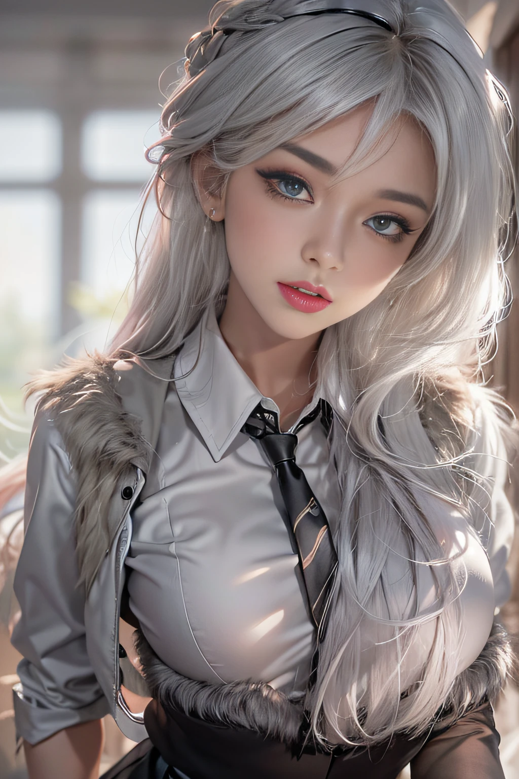 Photorealistic, High resolution, 1 Women, Solo, hips up high, Beautiful eyes, Close lips, Detailed face, White hair, Long hair, Collared shirt, black necktie,Black skirt, pencil skirts, Fur coat, Black stockings