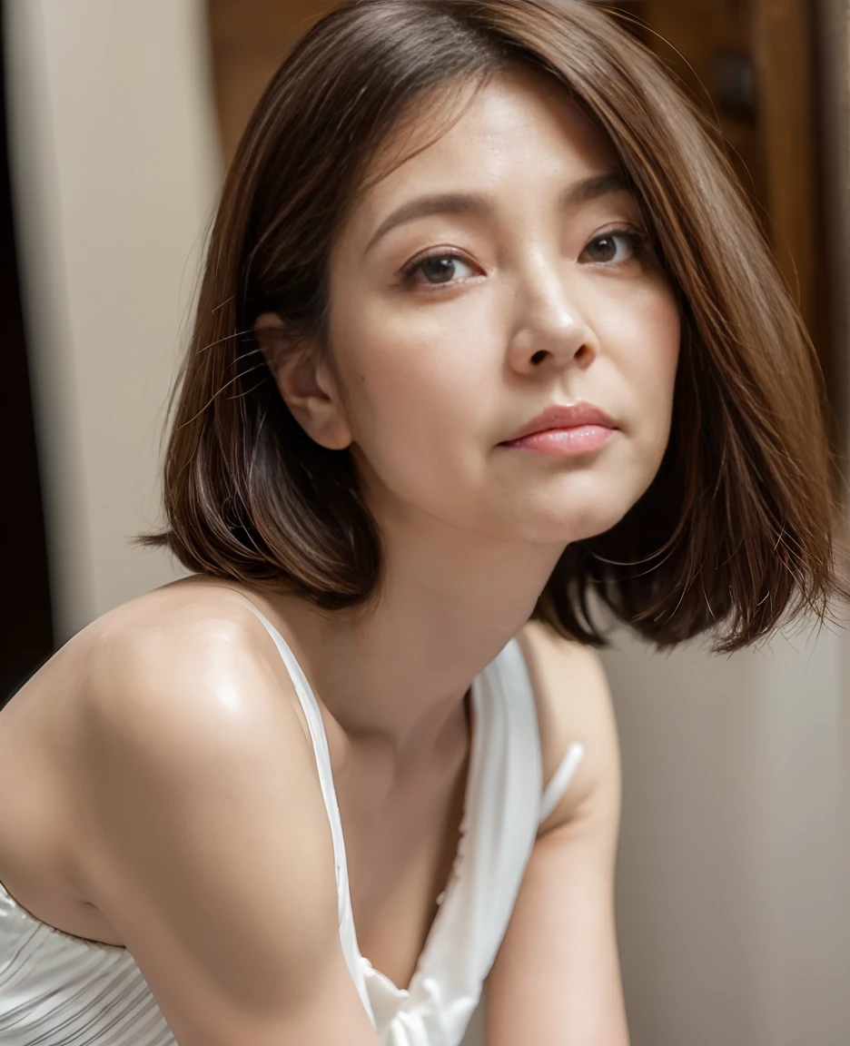 best quality, realistic, very detailed, high resolution, plain background, 8K wallpapers, one beautiful woman, Short hair, sharp focus, Complete and dynamic composition, ((White-toned bedroom)), Slightly dim indoor lighting, 31 years old, Miss, Comfortable underwear, beautiful eyes, delicate hair, inexpressive, sexy look, model body type, ((Lying on the bed)), disheveled hair, ((They lie on their side and turn their head to look at the camera..:1.3)), ((side view portrait:1.3)), documentary style,