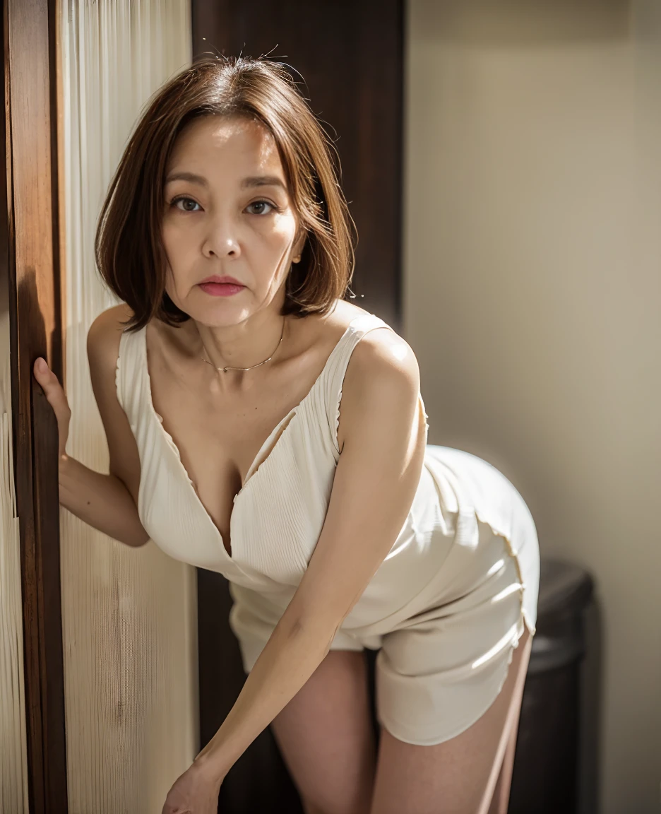 (((Japanese 68 year old mature woman))),top-quality, masterpiece, hight resolution, Photorealsitic, Raw photography, flawless, profetional lighting, ighly detailed, depth of fields,toilet room, (((68-year-old))), (((Wrinkles on the face))),(Nasolabial folds on the face),(((There are stains on the body))) chubby figure, Female sexy, Detailed face, beautidful eyes, bangss,(((droopy chest))), Straight light brown hair that reaches to the shoulders, Faint lips, ((stand facing forward、Staring at the viewer'serious face eyes.)),Black bra, Black panthee,a necklace,(full bodyesbian),(((opening legs))),
