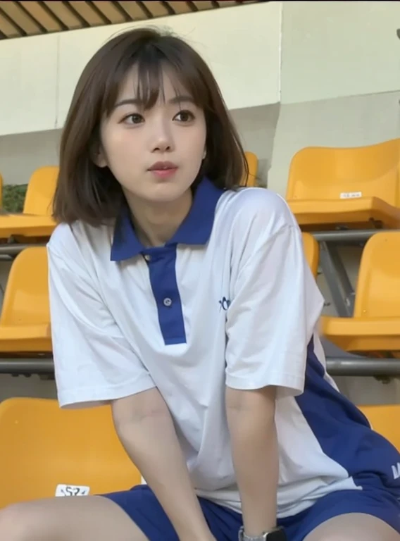 Alafid Asian woman sitting on stadium bench, Wearing a polo shirt, wearing volleyball jersey, Urzans, Korean girls, chiho, lalisa manobal, Cute Korean face, 🤤 girl portrait, she has a cute face, long whitr hair,cute korean actress, xintong chen, put on basketball jersey, Wearing school football uniform, 韓国アイドル,Hefty Smile