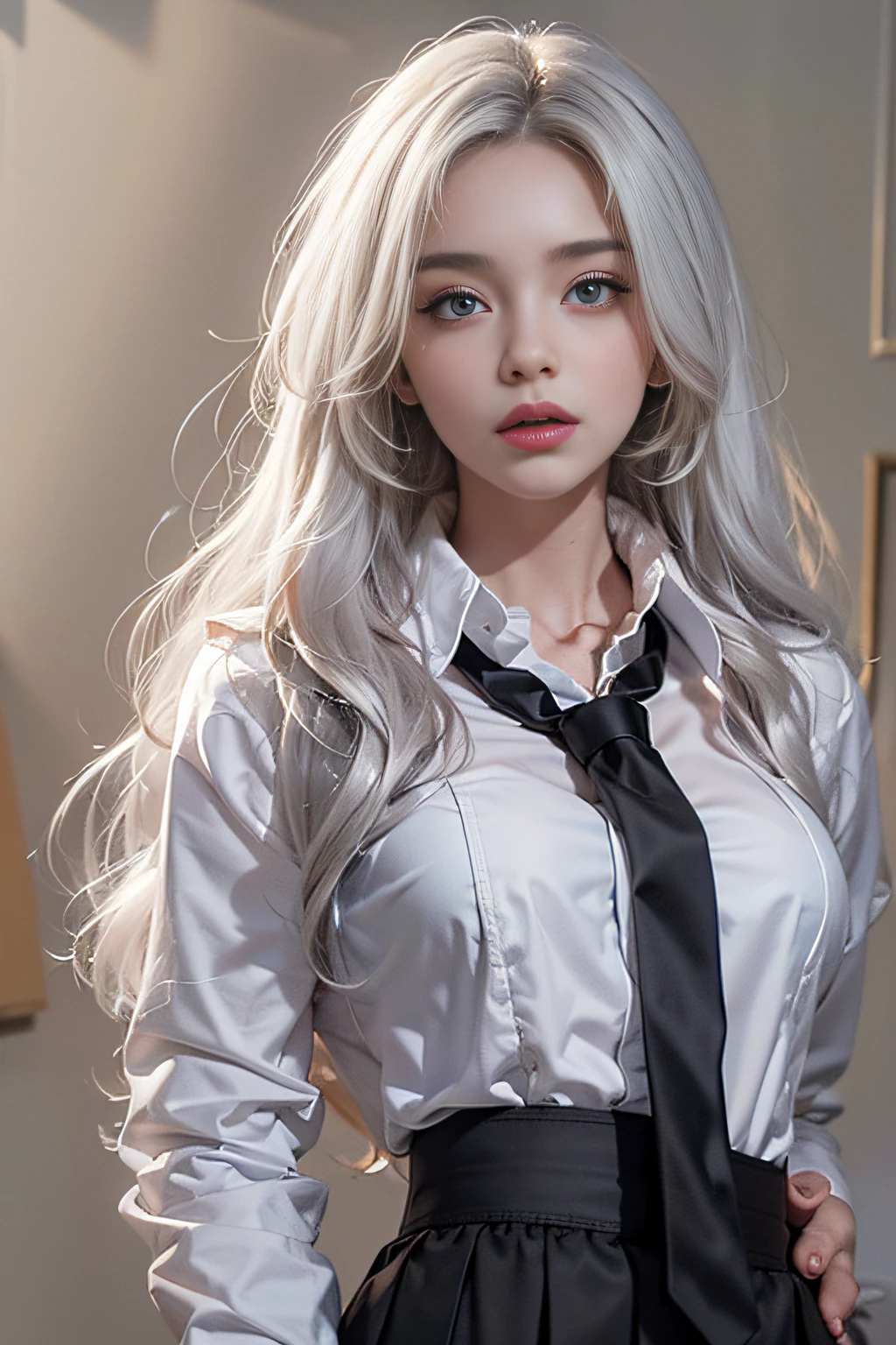 Photorealistic, High resolution, 1 Women, Solo, hips up high, Beautiful eyes, Close lips, Detailed face, White hair, Long hair, Collared shirt, black necktie,Black skirt, pencil skirts, Fur coat, Black stockings