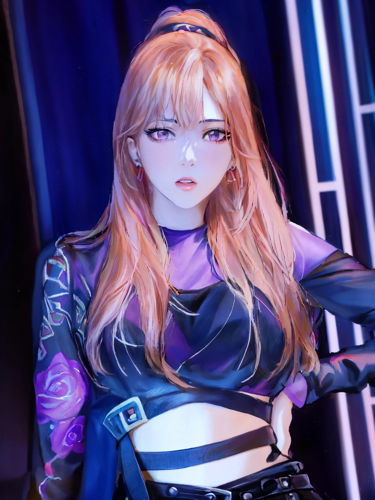 a close up of a woman with a black top and a purple top, portrait of jossi of blackpink, lalisa manobal, lalisa manoban of blackpink, jossi of blackpink, roseanne park of blackpink, portrait of kim petras, sun yunjoo, glossy from rain, jinyoung shin, kda, jia, with lightning