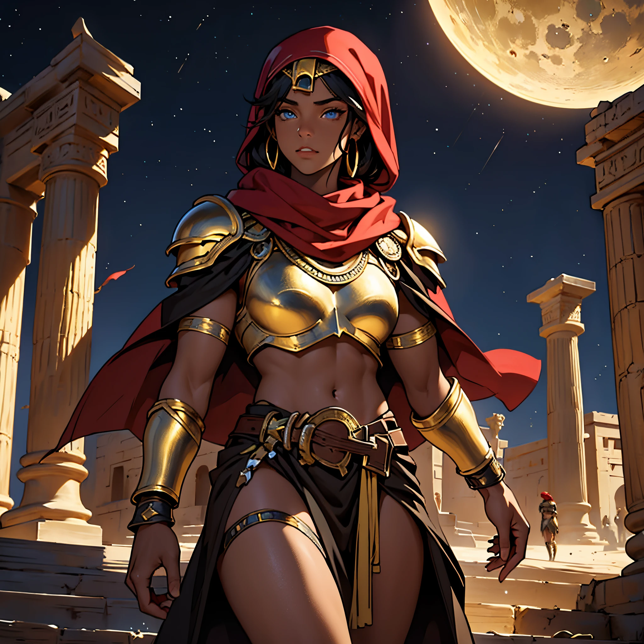 ​masterpiece, Best Quality, 4k, Very detailed, Background with: In front of egyptian temple stairs under the crescent moon in the desert night, Moroccan female warrior wearing Islamic golden armor, red hijab, very dark skinned black person, Blue Eyes, big hulk,