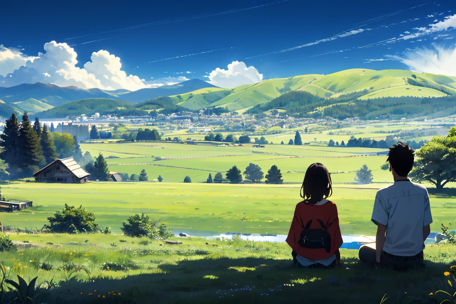 Vast and majestic skyline、The big sky occupies two-thirds of the photo、Girls and boys in casual clothes sitting side by side in the meadow、There is a deserted Japan city in the distance