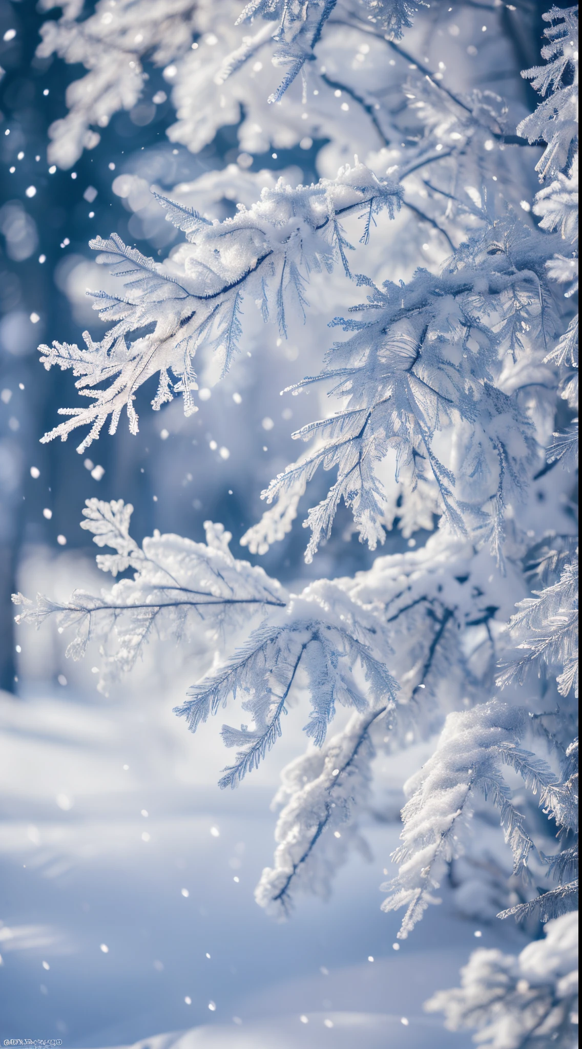 (tmasterpiece,8K,Best quality at best,A high resolution,ultra - detailed,ultra-realistic realism),The white,A world covered in silver, branches covered with snow, cold winter touch, Snowflakes dance like elves, Turn the world into a silver fairy tale, Cold, Peaceful and beautiful snow scene, Comfortable and calm
