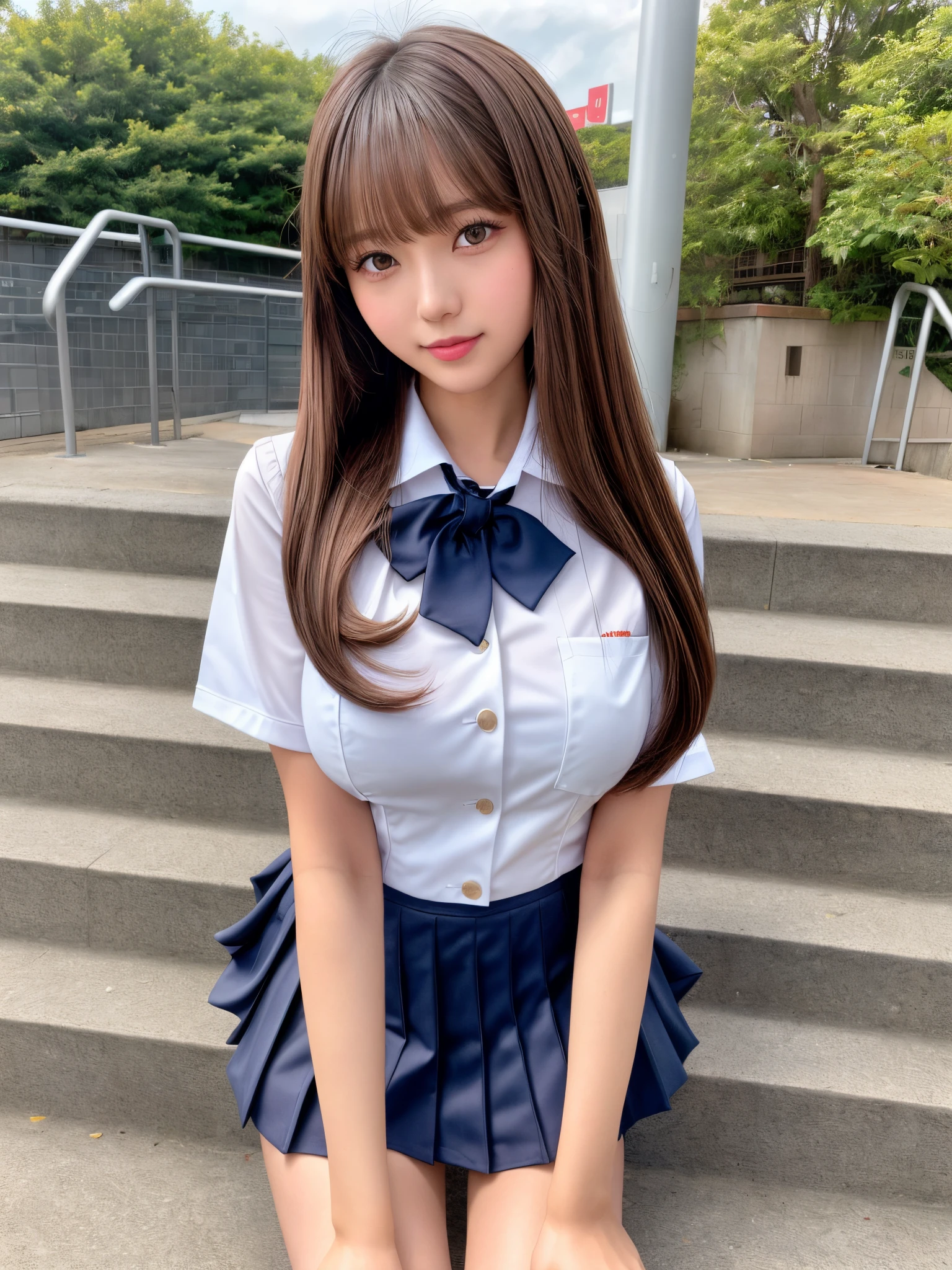 8K,Best Quality, masutepiece, ultra-detailliert, 超A high resolution, Photorealistic, Raw photo, absurderes, absolutely resolution, 1girl in, Solo,Upper body, Looking at Viewer,a Japanese young pretty girl,hyper cute face, Glamorous figure, huge-breasted, Long bob hair ,Smile,(School uniform:1.3),(She's crouched on the steps of the station.) ,Glossy lips, Double eyelids in both eyes, Natural makeup, long eyelashes, Glossy smooth light brown long bob hair, asymmetrical bangs, Shiny skin, central image, High resolution, high detailing, detailed hairstyle, Detailed face, spectacular movie lighting, Octane Rendering, Vibrant, Hyper realistic, Perfect limbs, Perfect Anatomy