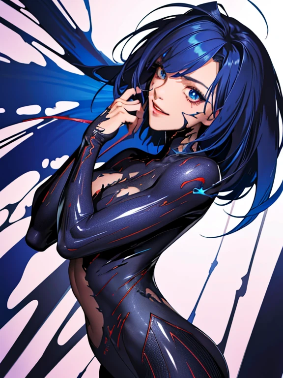 (best quality, masterpiece, colorful, dynamic angle, highest detailed) upper body photo, fashion photography of cute, dark blue hair with black highlights, torn spiderman suit,(ultrahigh resolution textures), in dynamic pose, bokeh, glowing web, (intricate details, hyperdetailed:1.15), detailed, light passing through hair, colorful art flat background(official art, extreme detailed, highest detailed), calmart, revealing clothes, coquettish, black streaks in hair, living clothes, shiny skin, dripping in fluids, dark makeup