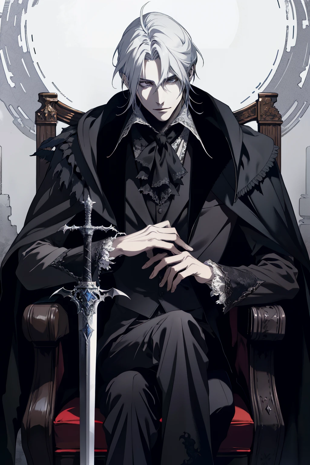 (absurd, high resolution, ultra detailed), 1 (wearing aristocrat robe)), androgynous vampire, alucard, he has dark grey hairs there is a man holding a sword, portrait of a bloodborne hunter, bloodborne art, epic exquisite character art, bloodborne style, v from devil may alucard, portrait dark fantasy character design, thancred waters in style of wlop, dark fantasy style art, artorias