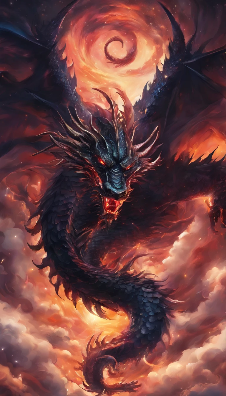 chinesedragon，Black Dragon，There are dragon claws，dragon claw，see the whole body，body，Sharp eyes，surrounded by black lightning，salama，hovering sky，mito，wonderland，the night，Wind and clouds，realisticlying，starrysky，themoon，hyper HD，Very detailed，tmasterpiece，high qulity，A high resolution，Background bokeh，16k processing，HD --AR 9：16，ultra-realistic realism