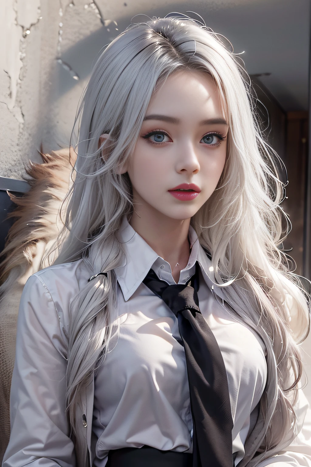 Photorealistic, High resolution, 1 Women, Solo, hips up high, Beautiful eyes, Close lips, Detailed face, White hair, Long hair, Collared shirt, black necktie,Black skirt, pencil skirts, Fur coat, Black stockings