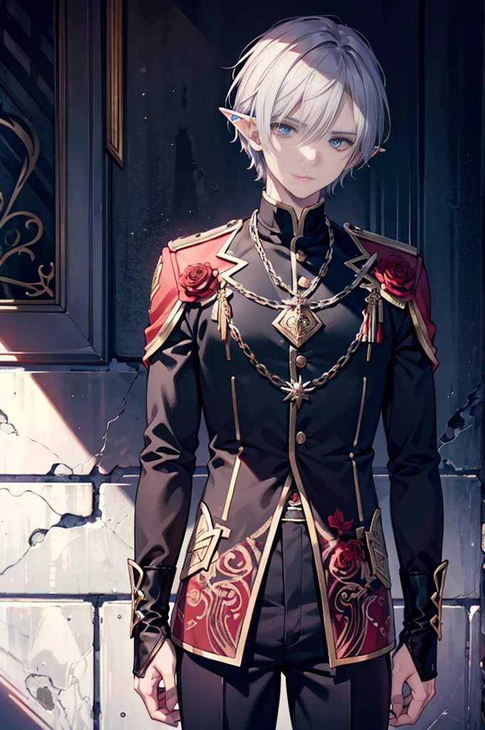 Young man of elven blood with long gravel-colored grey hair, his eyes were tinted in a rose coloring; while his pupils stretched down like a cat, he wore a perpetually bored and impassive look on his face, his arms were covered in intricate black rune-like tattoos, he wore clothes befitting of a noble, masterpiece, best quality shadows, clean lines, realistic looks,