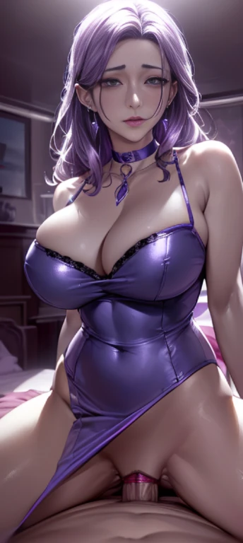 (Best quality at best:1.2),(tmasterpiece:1.2),(tmasterpiece:1.2),(Mature woman),(choker necklace,ear nipple ring),(In a dimly lit bedroom),(暨:1.2),(Protruding cleavage:1.2),(Micro-underwear:1),((Sex life:1.8))(orgasmc:1.5)(silber hair)(purpleeyes)(Hyper Real:1.5)
