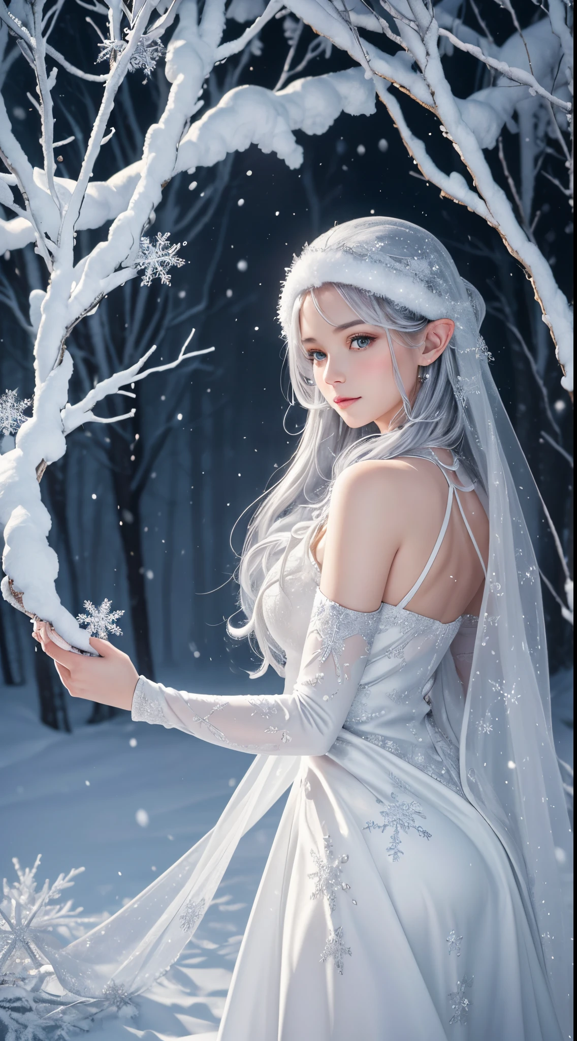 masterpiece, Best Quality, Ultra-detailed, 4K, Photorealistic:1.37, White snow, Princess, A landscape where snow is falling abundantly in the snowy, wilderness, with emerald-colored snowflakes twinkling in the air, pure princess, fairy tale stage, Magical atmosphere, storybook illustration, Mystical elements, Dark and light contrast, reflection, malice, magical forest creatures, sparkling stars, Mystical charm, (((Snowy landscape))), mirror shard, royal silver tiara, (Delicate snowflakes), Innocent beauty, mesmerizing eyes, Eerie sounding, Eerie silence, surreal compositions, (Dramatic Lighting), Fantasy Realm, Golden accent, Forbidden desires, Breathtaking details, Glass-like surface, magical transformation, cold stare, Undeservedly beautiful, Vibrant colors, Full body, Princess, 1 girl, 16 years old, a baby face, white hair, I keep my hair up and short, ((A smile)), Off shoulder bare, Elegant gown, Detailed crystals and silver decorations, voluminous emerald dress, dynamic pose, Looking at the camera, back light,