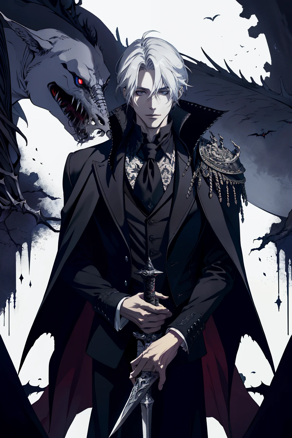(absurd, high resolution, ultra detailed), 1 (wearing aristocrat robe)), androgynous vampire, alucard, he has dark grey hairs there is a man holding a sword, portrait of a bloodborne hunter, bloodborne art, epic exquisite character art, bloodborne style, v from devil may alucard, portrait  dark fantasy character design, thancred waters in style of wlop, dark fantasy style art, artorias