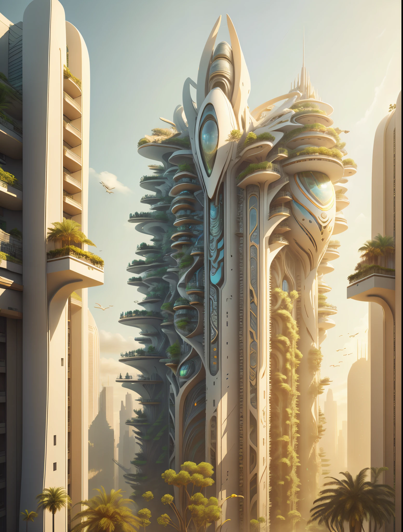 A tall building in a futuristic city designed by Zaha Hadid, futuristic building, modernn architecture, imagination, a fusion between the future and the past, Sky gardens, Hanging Gardens of Babylon, sustainability, Future technology, architectural creativity, new culture, self-sufficient, Golden ratio, spread, Natural colors, calm colors, Masterpiece, art, The best resolution, The background is blurred out, There are many details in the zoning of buildings,